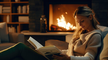 Woman reading book at home by fireplace