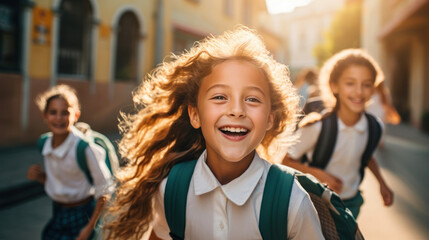 Fototapeta premium Bright smiles and youthful enthusiasm mark the journey to school for this group of friends