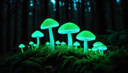 Fototapeta premium Bioluminescent mushrooms - green bioluminescent mushrooms glowing in a dark forest. Glowing neon mushrooms in a dark forest. Beauty of nature.