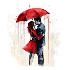 Couple kissing under a shared umbrella in the rain isolated on white background, sketch, png
