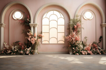 Fototapeta premium Embrace the serenity of an empty room with soft curtains, as sunlight pours through the windows, creating a clean and inviting photo background