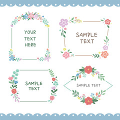 Set of flower frame and border with sample text. floral and leaves wreaths for decoration invitation, wedding, birthday, greeting card. Elements for background, template, label, print