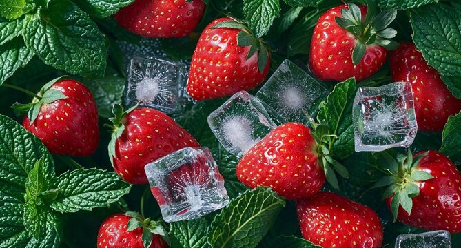 Fresh strawberries with ice cubes and mint leaves perfect for summer refreshment advertisements or culinary blogs