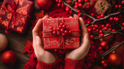 people handing a red rich elegantly wrapped gift box to another for Chinese new year celebration Generative AI
