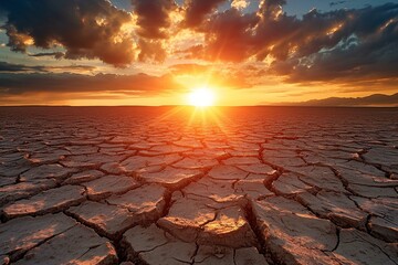 dramatic sunset over cracked earth. Desert landscape background.