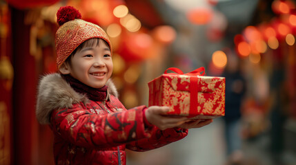 people handing a red rich elegantly wrapped gift box to another for Chinese new year celebration Generative AI