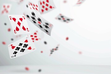 Falling playing cards on a white background. The concept of excitement. Poker cards of different suits hanging in the air