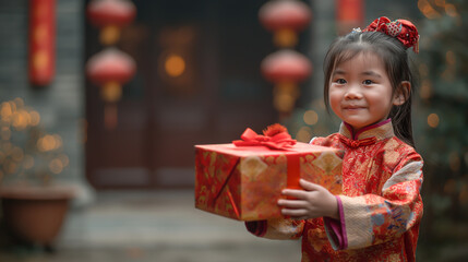 Fototapeta na wymiar people handing a red rich elegantly wrapped gift box to another for Chinese new year celebration Generative AI