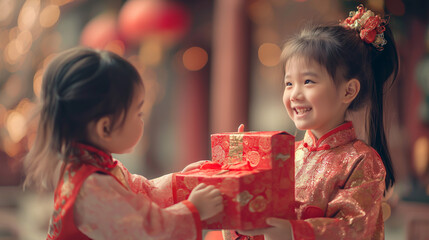 people handing a red rich elegantly wrapped gift box to another for Chinese new year celebration Generative AI