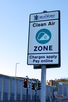 Bradford, UK 01 18 2024 - Bradford's Clean Air Zone with signage warning that charges may apply for drivers entering the city.