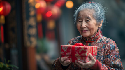 Fototapeta na wymiar oldwoman handing a red rich elegantly wrapped gift box to another for Chinese new year celebration Generative AI