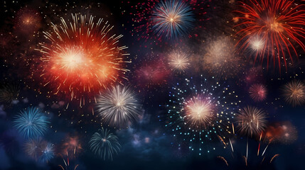 Fototapeta premium Happy New Year, burning fireworks with bokeh light background