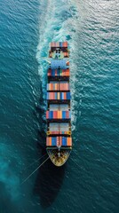 A large container cargo ship travels over calm, blue ocean. Ship in import export and business logistic. Aerial view - obrazy, fototapety, plakaty