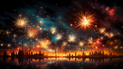 Happy New Year, burning fireworks with bokeh light background