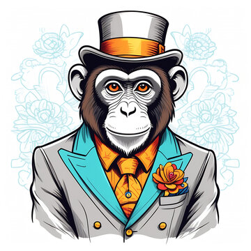 Gentleman ape drawing isolated on white background. Cartoon style monkey wearing gray cylinder, tuxedo, orange shirt and tie. Clever animal colorful portrait.