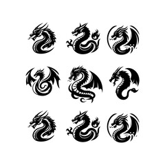 set of dragon logo vector silhouette