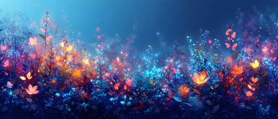 Enchanted Nighttime Garden with Luminous Flowers and Butterflies - obrazy, fototapety, plakaty