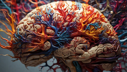 Illustrate a vibrant close-up of the human brain, showcasing neurons firing in a symphony of colors. close up, human brain, brain, neurons, colorful Generative AI