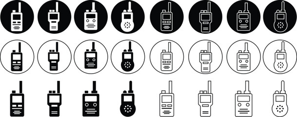 Walkie talkie icons signs, logos illustration for web and mobile apps on transparent background. Black Flat elements from outdoor activity concept editable stock. Portable radio transmitter symbols.