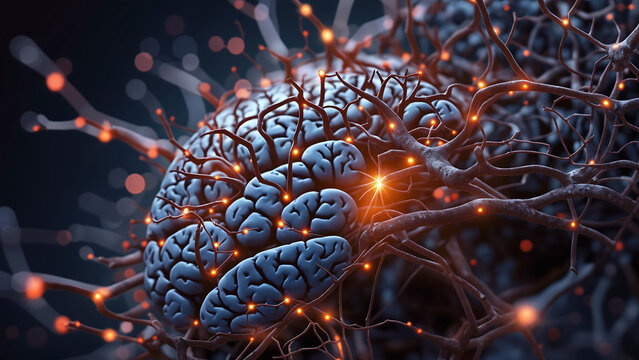 close up of human brain showing neurons firing and neural extensions, human brain, Close up, Generative AI