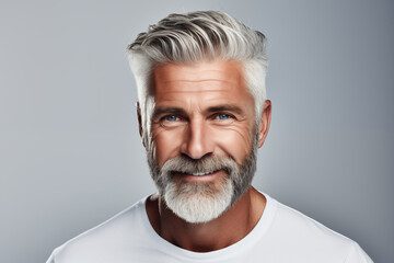 a closeup photo portrait of a handsome old mature man, with fresh stylish hair and beard with...