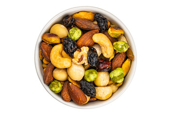 Top view pile of various dried salted nut and bean snack in white ceramic bowl isolated on white background with clipping path.