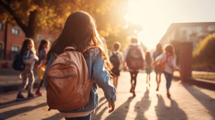 Back-to-school bonds: children walk in sync,  fostering a sense of community and shared learning - obrazy, fototapety, plakaty