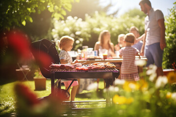 a photo of a family and friends having a picnic barbeque grill in the garden. having fun eating and enjoying time. sunny day in the summer. blur background. - Powered by Adobe