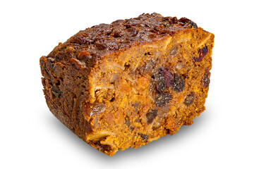 Closeup view of cut loaf homemade dark fruitcake isolated on white background with clipping path.