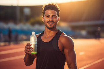 a photo of a latino male sprinter athlete on a track holding in his hand and drinking cold isotonic sports water drink. blurry stadium background
