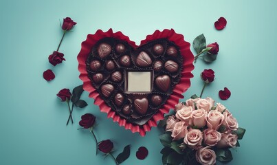 minimalist knolling-style photograph of a heart-shaped box of chocolates, a bouquet of roses