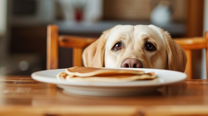 Photos of a hungry dog and food in the kitchen at home. Fawn Labrador sniffs pancakes before stealing from the table - obrazy, fototapety, plakaty