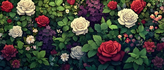 Vibrant Floral Wallpaper with a Variety of Roses - obrazy, fototapety, plakaty