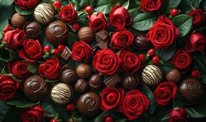 bouquet of red roses with roses and chocolates - obrazy, fototapety, plakaty
