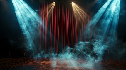 Mystical stage with red curtains and dramatic lighting. empty theater ready for performance. suspense on stage with fog. AI