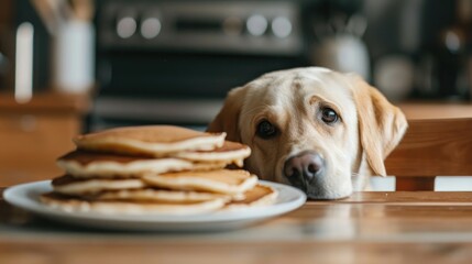Photos of a hungry dog and food in the kitchen at home. Fawn Labrador sniffs pancakes before stealing from the table