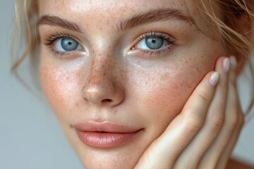 Close-up photo of young woman touching her skin, she applies moisturizing cream balm. Cosmetology, plastic surgery, healthy lifestyle. Radiant skin. Advertising of cream, skin health products