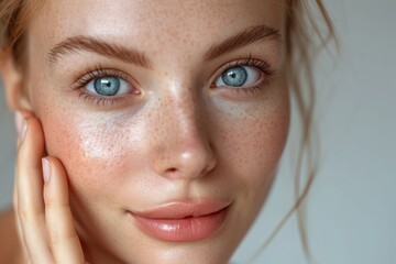 Close-up photo of young woman touching her skin, she applies moisturizing cream balm. Cosmetology, plastic surgery, healthy lifestyle. Radiant skin. Advertising of cream, skin health products