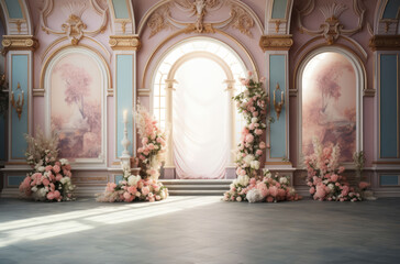 Obraz premium Embrace the serenity of an empty room with soft curtains, as sunlight pours through the windows, creating a clean and inviting photo background