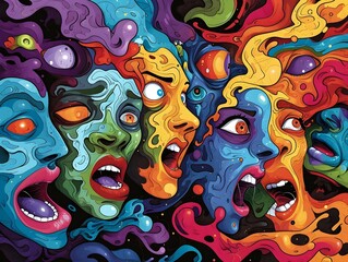 Psychedelic Faces Merging in Colorful Abstract Art