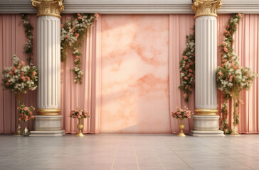 Fototapeta na wymiar Graceful columns frame an empty blank wall backdrop in this indoor studio, accentuated by vibrant flowers for a timeless and elegant photo setting
