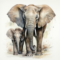 Watercolor rendering of a mother elephant with her child. AI generate illustration