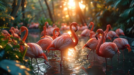 Serene sunset at a flamingo sanctuary. a flock in golden evening light. vibrant nature scene. AI - Powered by Adobe