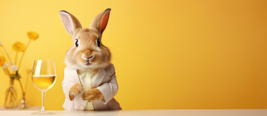 Fototapeta na wymiar Easter bunny with a glass of wine on a yellow background.