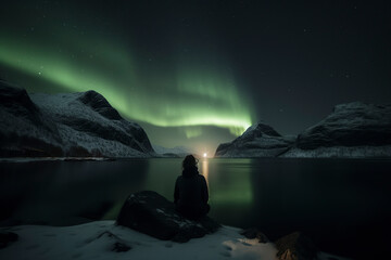 A serene lakeside view with a person witnessing the mesmerizing aurora borealis under a starry sky and snowy mountains, ai generative - obrazy, fototapety, plakaty