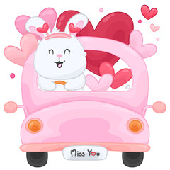 Cartoon rabbit driving a car and a red heart element of valentine’s day