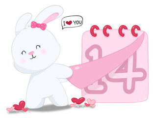 Cartoon rabbit tearing up a calendar Entering date 14th decoration element valentine’s day