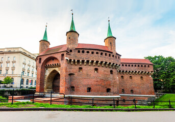Krakow Barbican historic fortified outpost in Cracow, Poland - obrazy, fototapety, plakaty