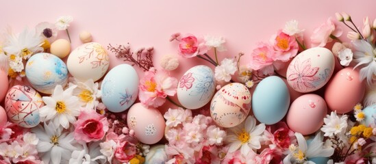 Fototapeta na wymiar Colorful easter eggs and spring flowers on pink background, panoramic shot