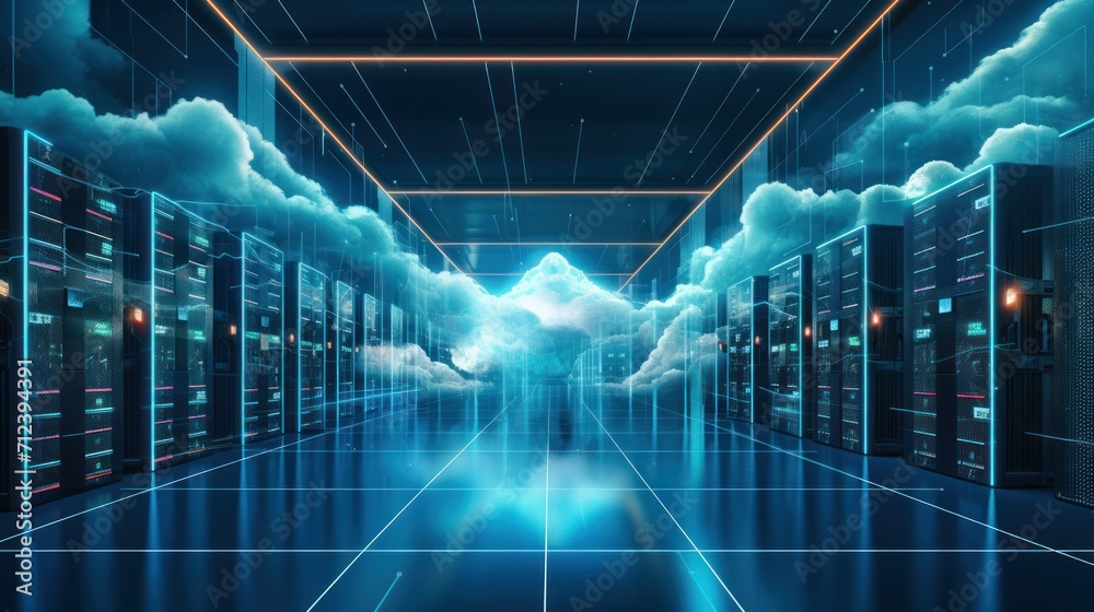 Wall mural cloud technology, feature a futuristic server room or data center with scalable clouds
